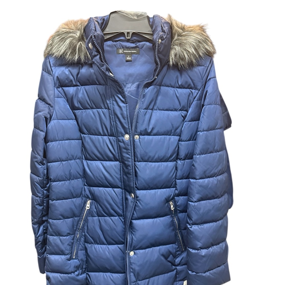 INC International Concepts Navy Puffer Jacket with Faux Fur